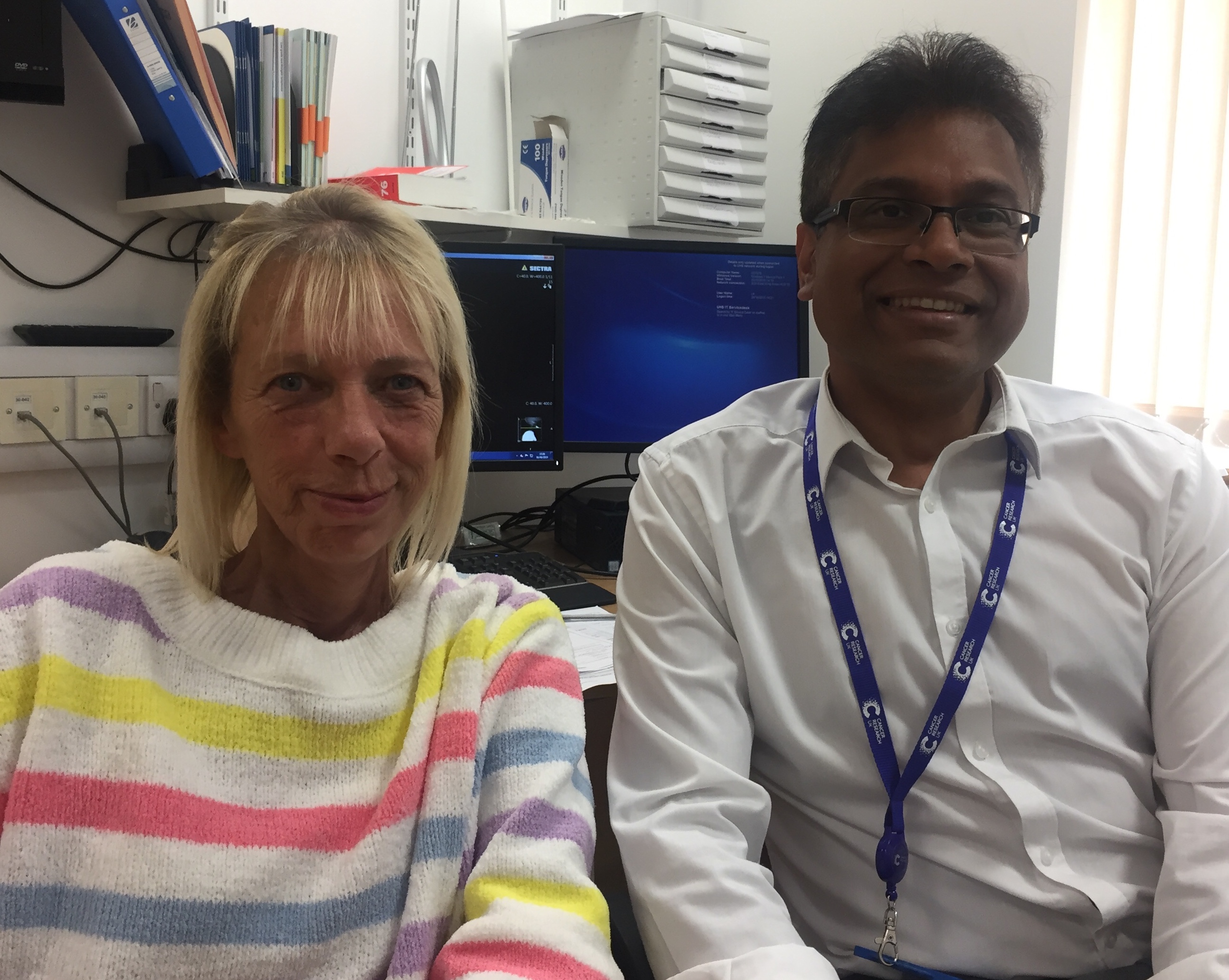 Patient Jayne Garrett with Dr Shanmugasundaram Ramkumar, consultant clinical oncologist and intraoperative radiotherapy lead