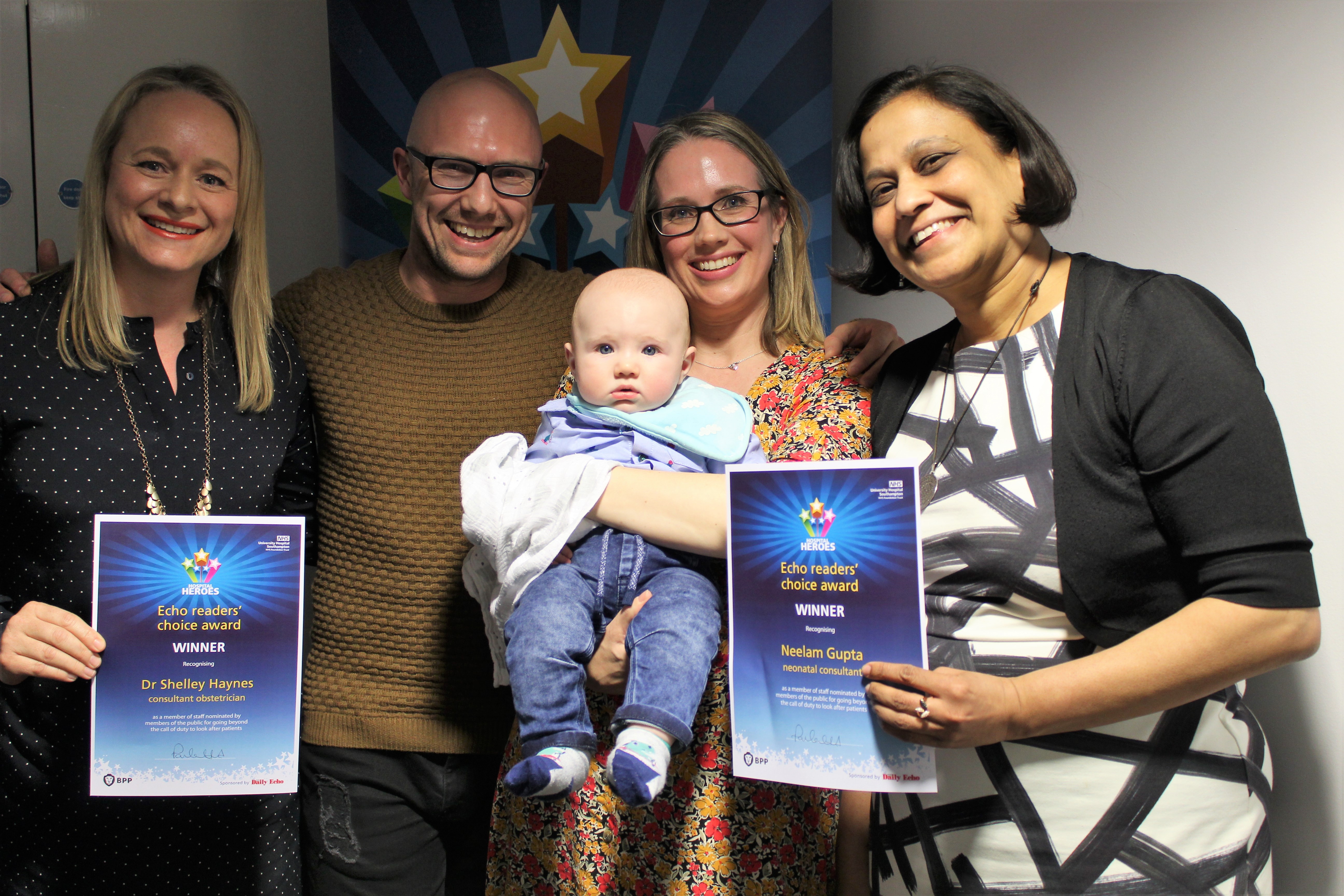 Dr Shelley Haynes and Neelam Gupta, Daily Echo award winners, with Matt Watts, Amanda Venters and their newborn son Charlie