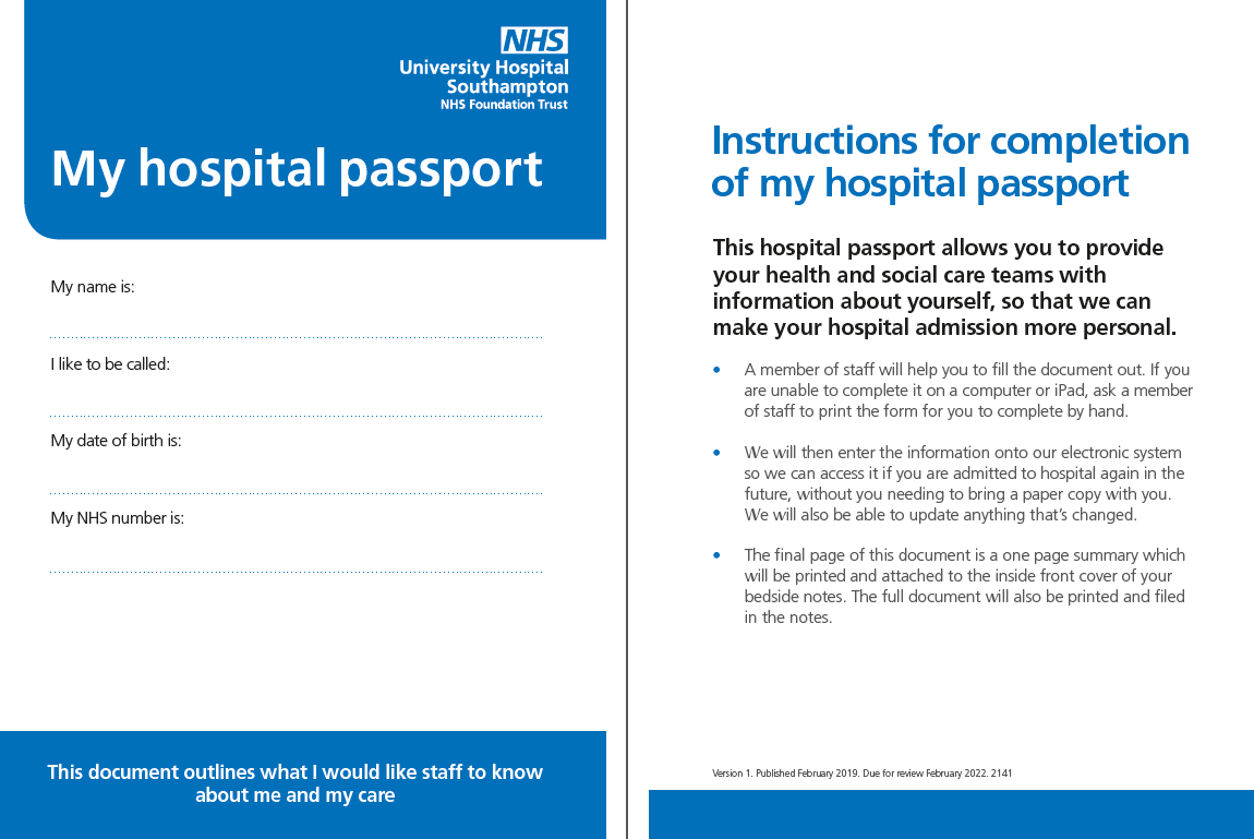 Pages from the hospital passport - patient details and instructions