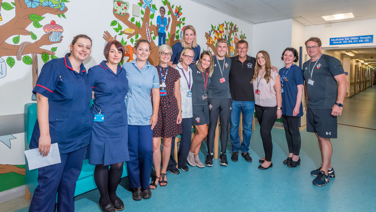 Matt Le Tissier with staff from University Hospital Southampton