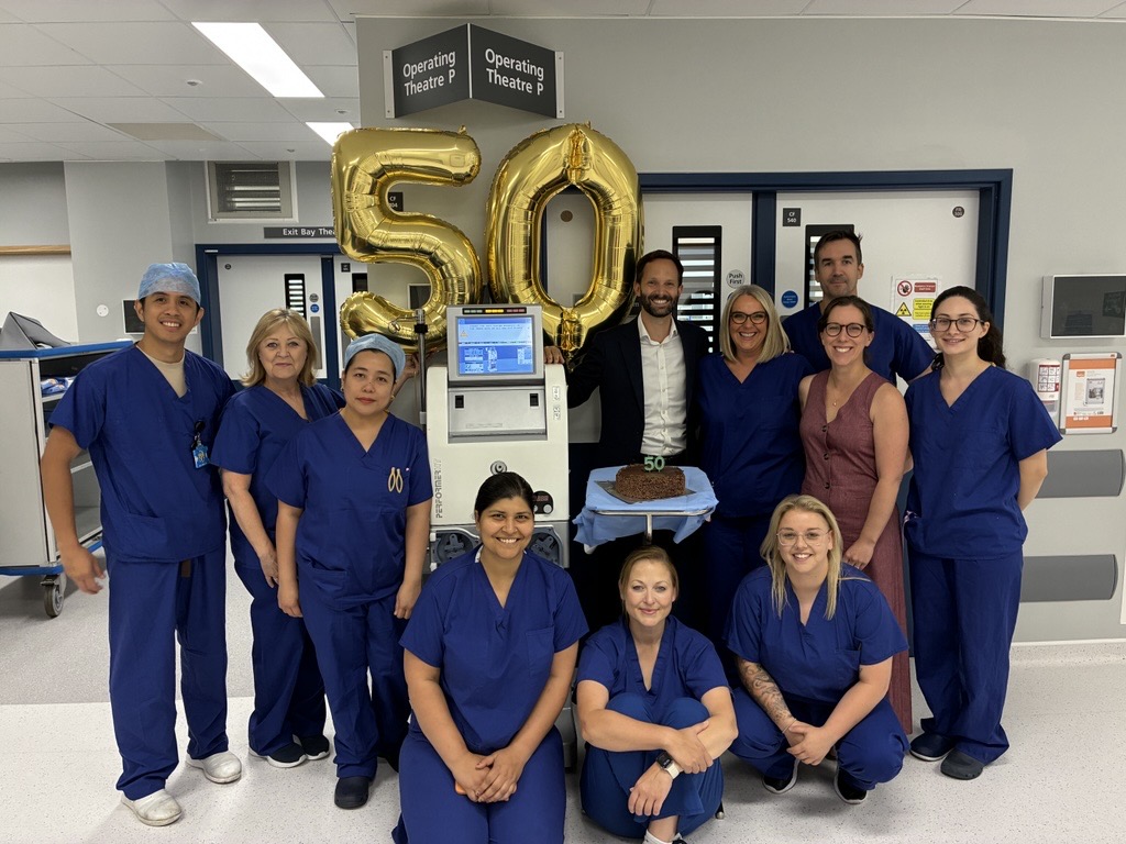 Mr Constable-Phelps with the HIPEC team at UHS (celebrating 50th procedure at Trust)