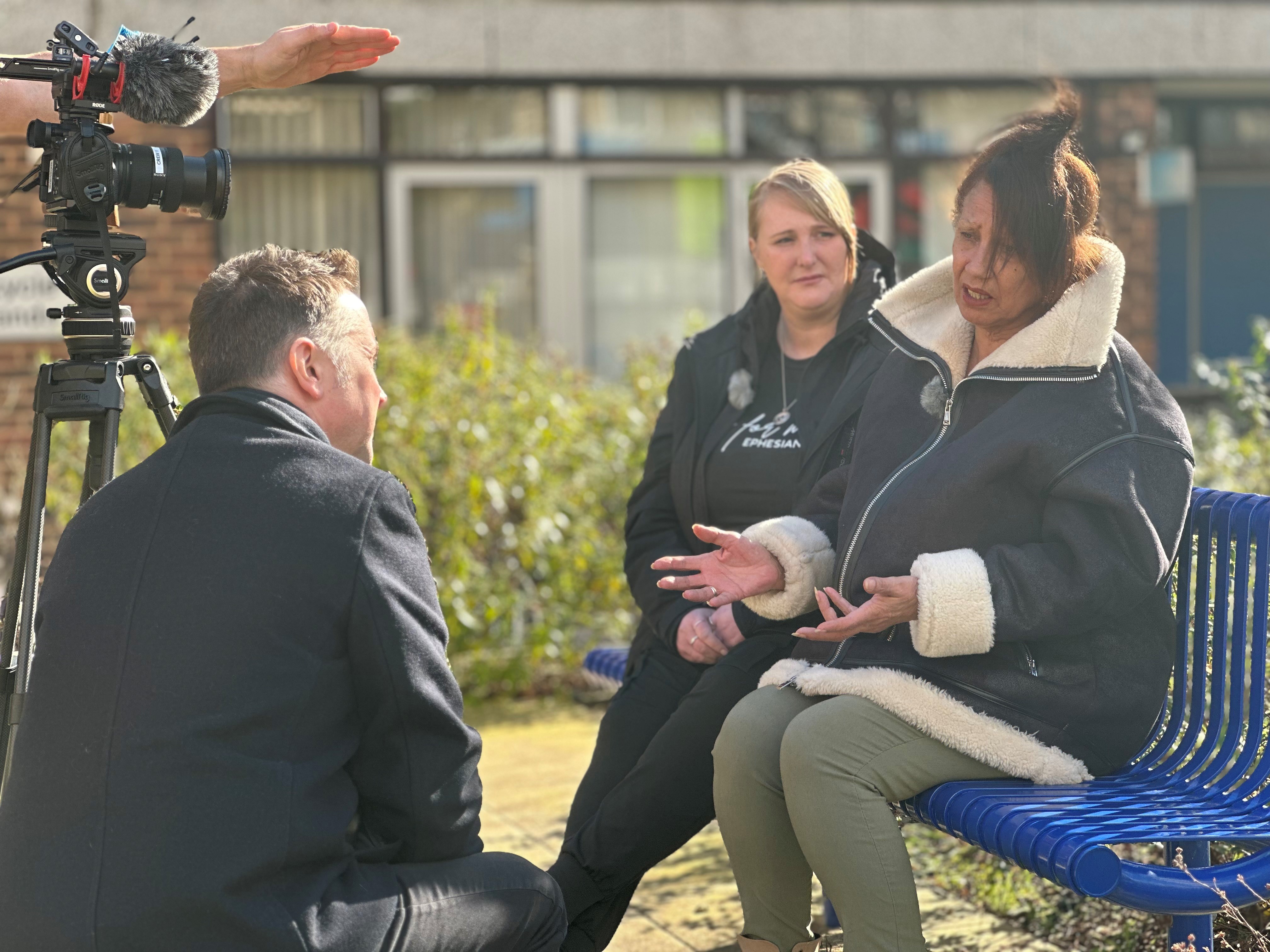 Patient Deborah (right) with Tanya Walker filming with local TV news (BBC)