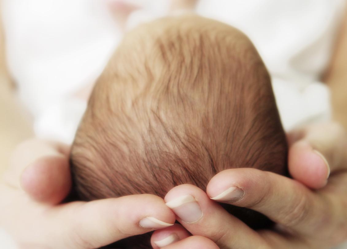 Two hands cupping a baby's head