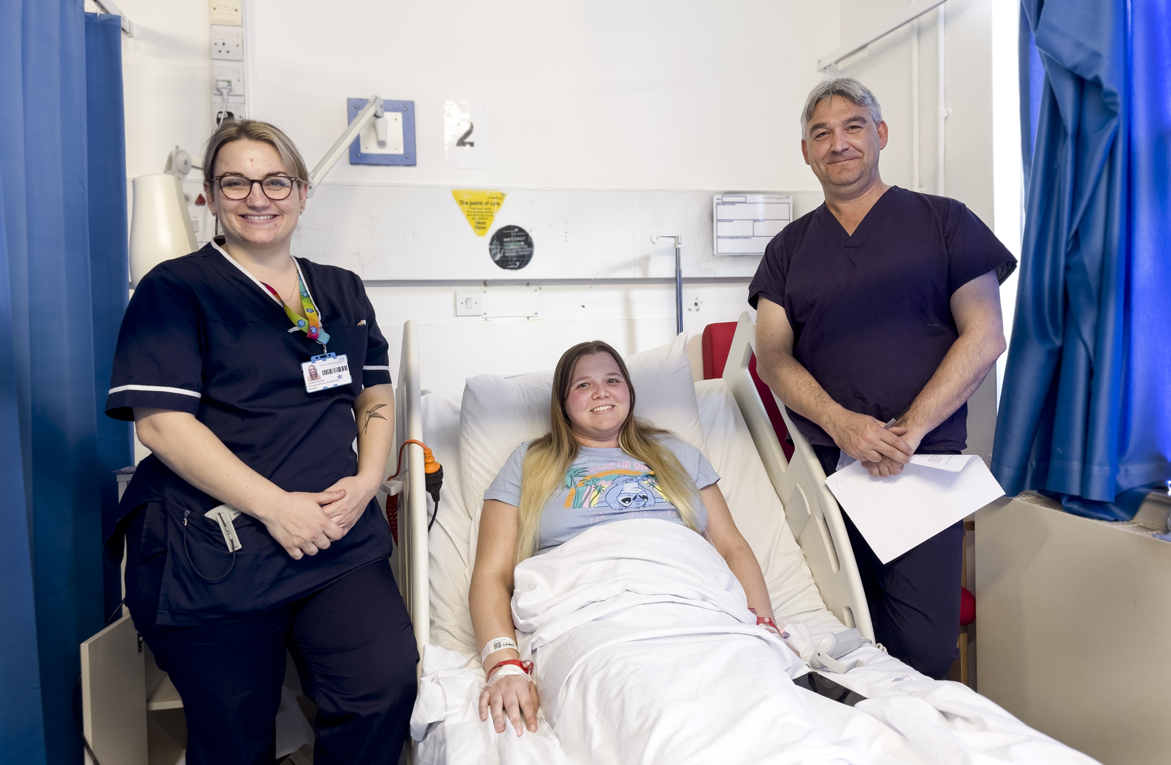 Picture shows UHS nurse, Danielle Harding and Fergus Noble post RefluxStop surgery.