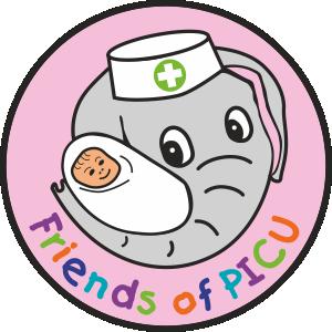 Friends of PICU logo showing a cartoon elephant cradling a baby.