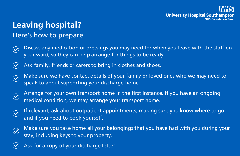 Points to help you prepare when leaving hospital.