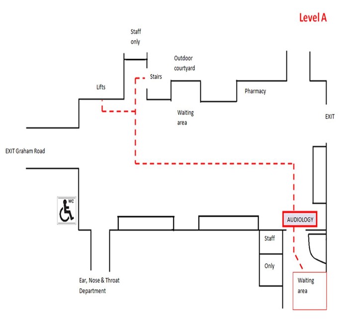 Level A at the RSH, showing the route from the lifts and stairs to the audiology department