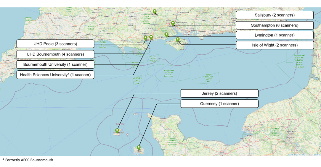 A map showing locations where we provide or support QA and MRI safety services.