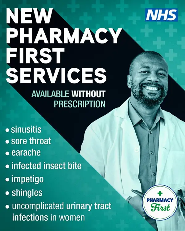 A poster for pharmacy first listing conditions treated