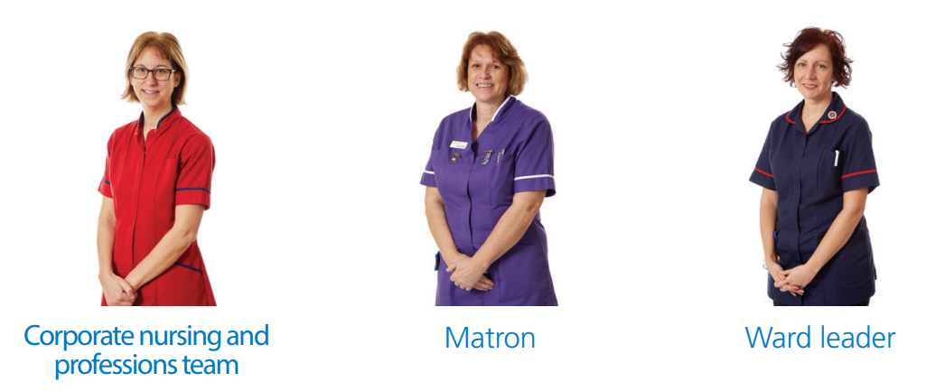 Uniforms: Corporate nursing and professions team in red, matron in purple, ward leader in navy with red piping.