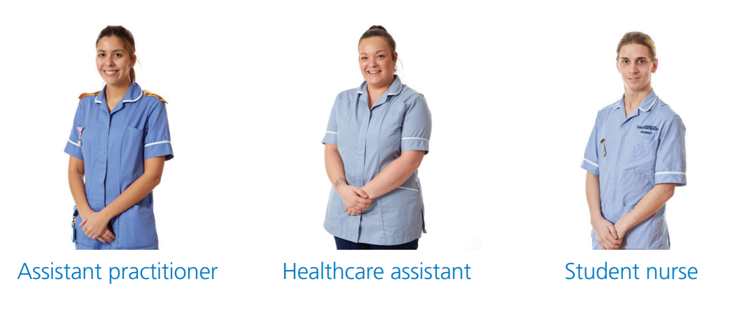 Uniforms: Assistant practitioner in blue with yellow shoulders, healthcare assistant in blue/grey, student nurse in light blue.