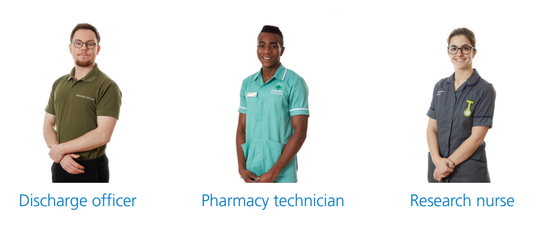 Uniforms: Discharge office in forest green, pharmacy technician in jade green, research nurse in grey.