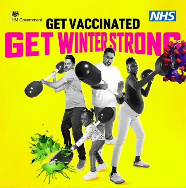 Image reading 'Get vaccinated, get Winter strong' showing people fighting germs